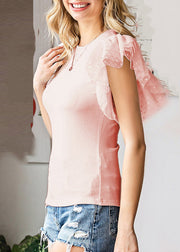 Cute Pink Tulle Patchwork Knit T Shirts Summer