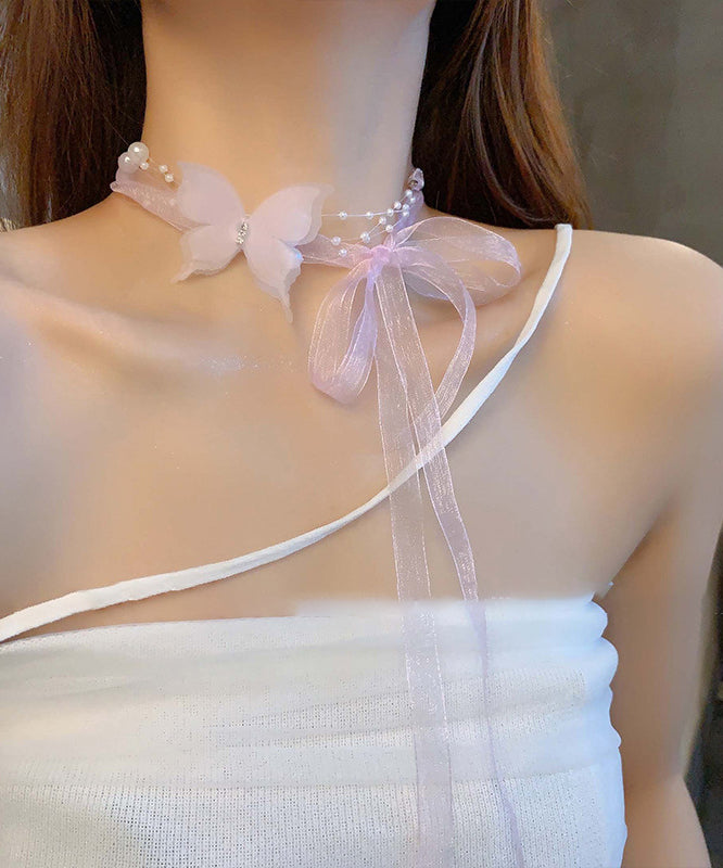 Cute Pink Tulle Pearl Zircon Butterfly Princess Necklace