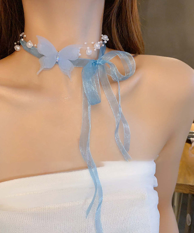 Cute Pink Tulle Pearl Zircon Butterfly Princess Necklace