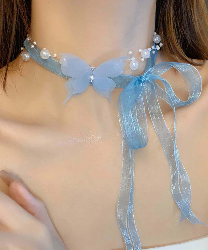 Cute Pink Tulle Pearl Zircon Butterfly Princess Necklace