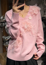 Cute Pink V Neck Floral Nail Bead Cotton Knit Sweaters Fall