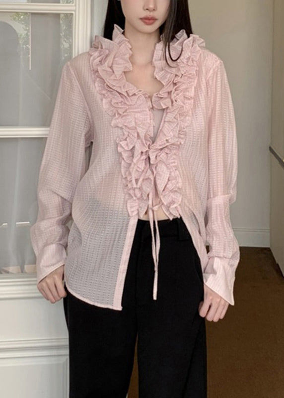 Cute Pink V Neck Patchwork Shirt Fall