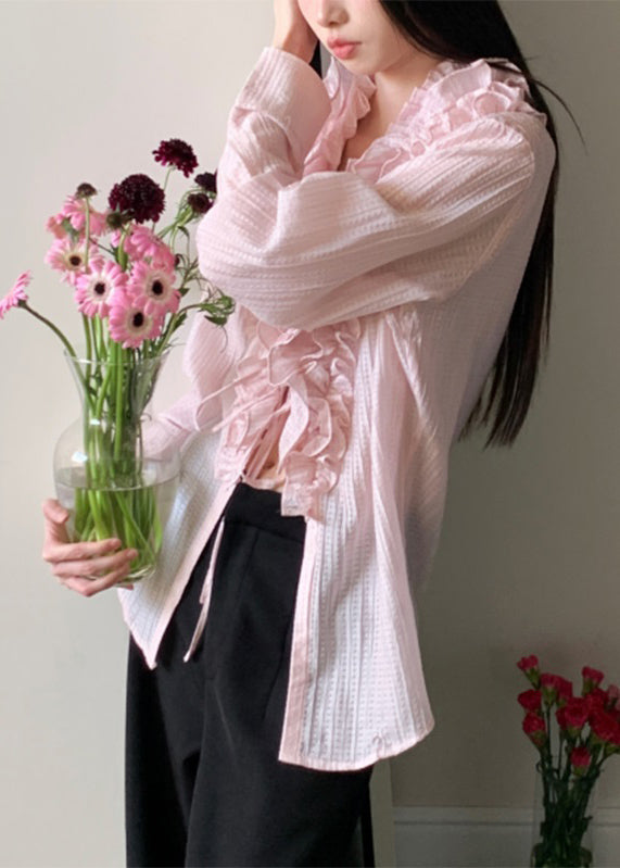 Cute Pink V Neck Patchwork Shirt Fall
