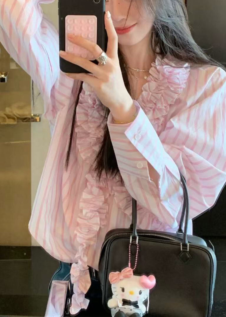 Cute Pink V Neck Ruffled Striped Shirts Spring