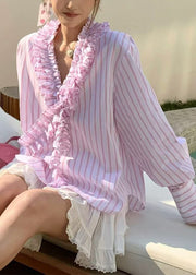 Cute Pink V Neck Ruffled Striped Shirts Spring