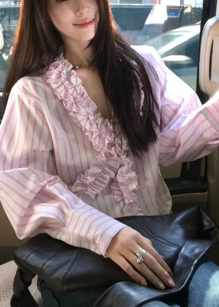 Cute Pink V Neck Ruffled Striped Shirts Spring