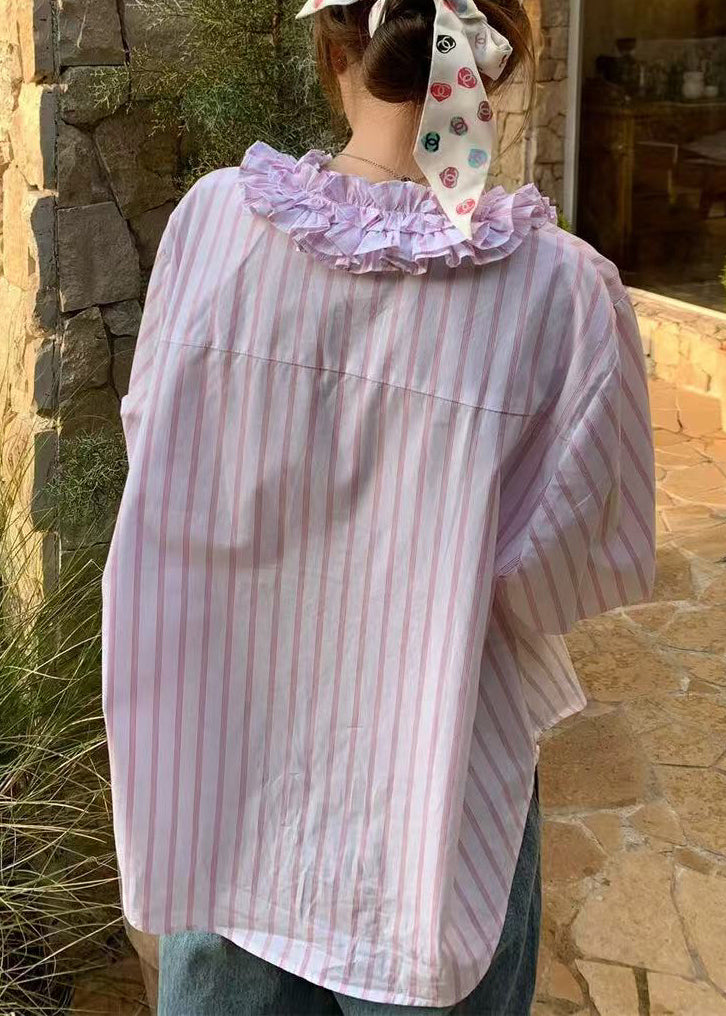 Cute Pink V Neck Ruffled Striped Shirts Spring