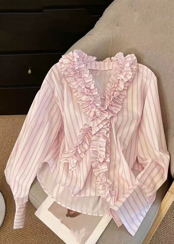 Cute Pink V Neck Ruffled Striped Shirts Spring