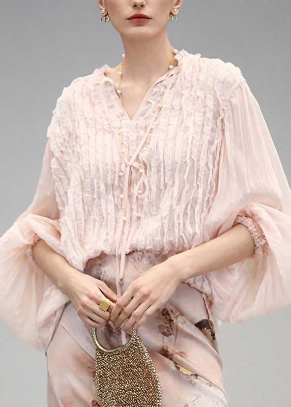 Cute Pink V Neck Wrinkled Chiffon Tops Fall