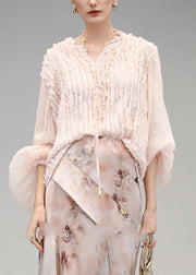 Cute Pink V Neck Wrinkled Chiffon Tops Fall