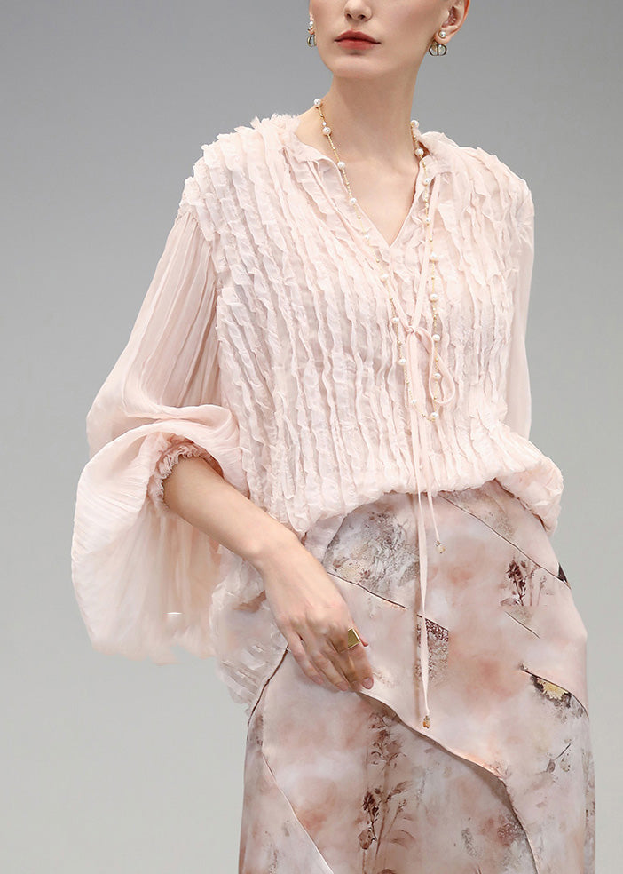Cute Pink V Neck Wrinkled Chiffon Tops Fall