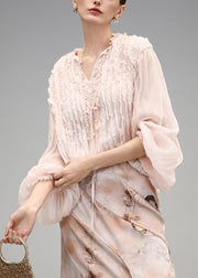 Cute Pink V Neck Wrinkled Chiffon Tops Fall