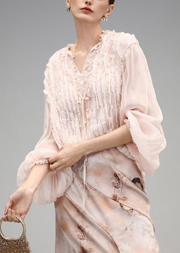 Cute Pink V Neck Wrinkled Chiffon Tops Fall