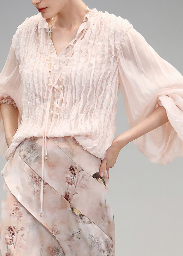 Cute Pink V Neck Wrinkled Chiffon Tops Fall