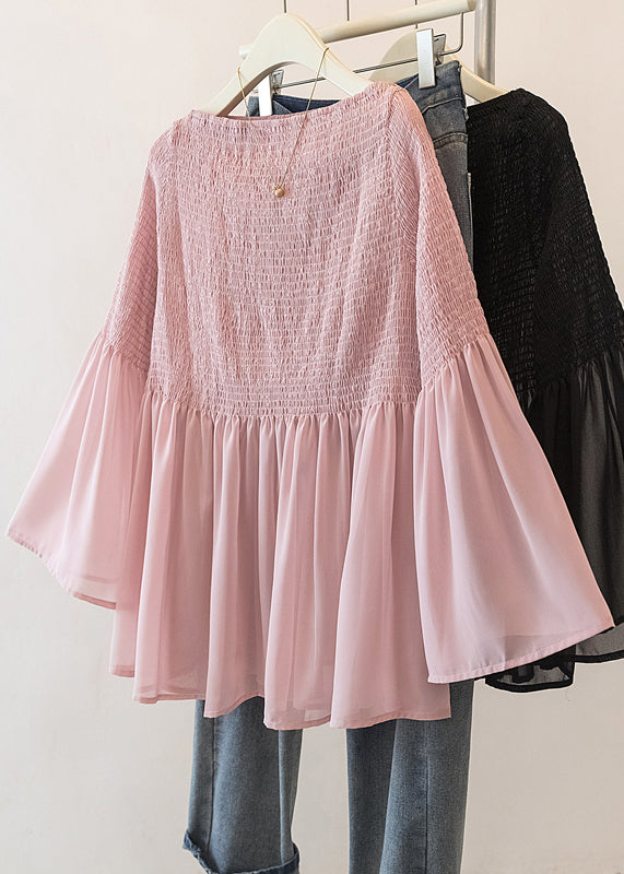 Cute Pink Wrinkled Chiffon Blouse Tops Flare Sleeve