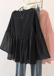 Cute Pink Wrinkled Chiffon Blouse Tops Flare Sleeve