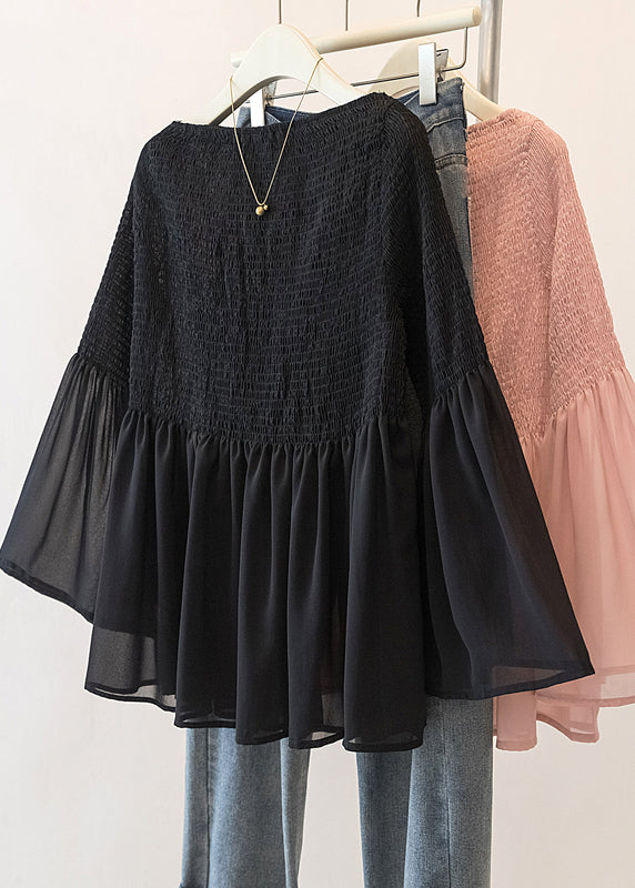 Cute Pink Wrinkled Chiffon Blouse Tops Flare Sleeve