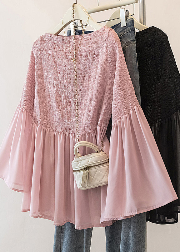 Cute Pink Wrinkled Chiffon Blouse Tops Flare Sleeve