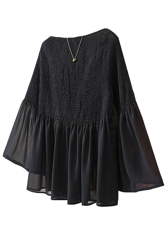 Cute Pink Wrinkled Chiffon Blouse Tops Flare Sleeve