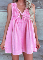 Cute Pink Wrinkled Patchwork Tie Lace Jumpsuit Summer