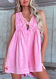 Cute Pink Wrinkled Patchwork Tie Lace Jumpsuit Summer