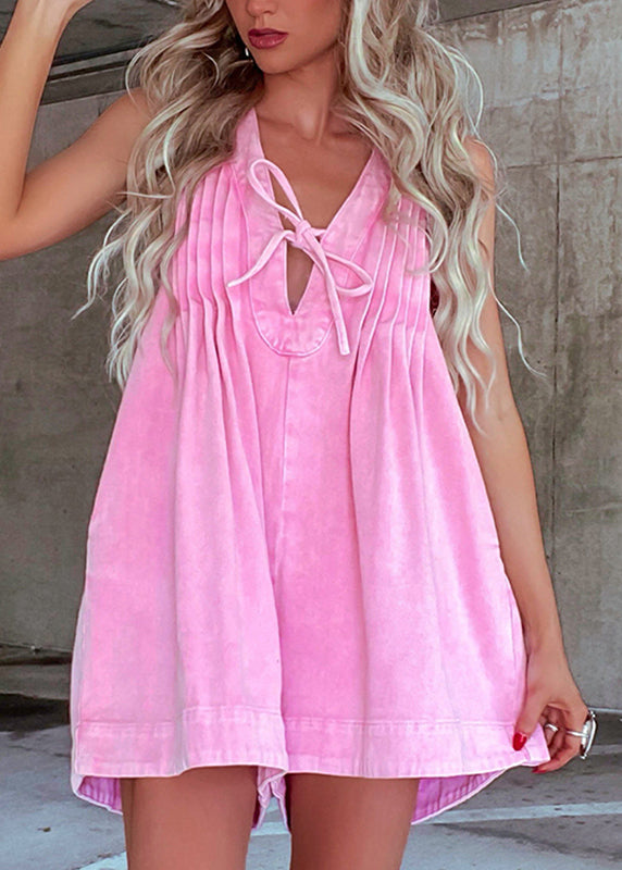 Cute Pink Wrinkled Patchwork Tie Lace Jumpsuit Summer