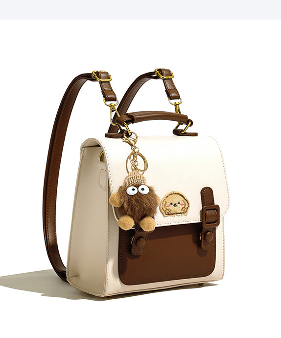 Cute Plush Toy Patchwork Faux Leather Backpack Bag