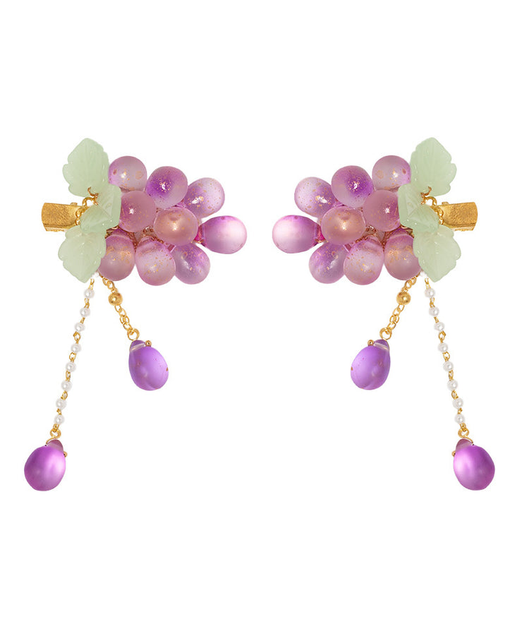 Cute Purple Copper Overgild Jade Grape Tassel A Pair Hairpin
