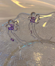 Cute Purple Sterling Silver Floral Tassel Drop Earrings