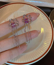 Cute Purple Sterling Silver Floral Tassel Drop Earrings