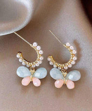 Cute Rainbow Alloy Pearl Butterfly Hoop Earrings