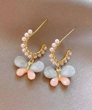 Cute Rainbow Alloy Pearl Butterfly Hoop Earrings