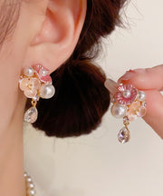 Cute Rainbow Copper Overgild Zircon Pearl Floral Water Droplet Drop Earrings