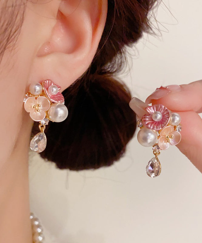 Cute Rainbow Copper Overgild Zircon Pearl Floral Water Droplet Drop Earrings