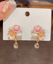 Cute Rainbow Copper Overgild Zircon Pearl Floral Water Droplet Drop Earrings