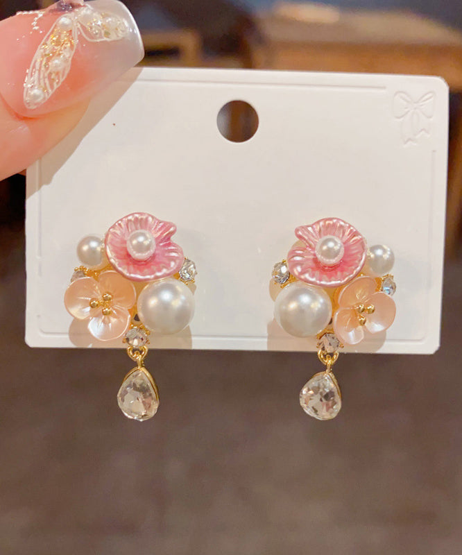 Cute Rainbow Copper Overgild Zircon Pearl Floral Water Droplet Drop Earrings