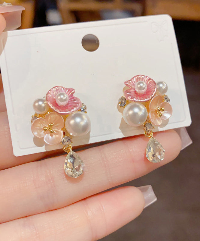 Cute Rainbow Copper Overgild Zircon Pearl Floral Water Droplet Drop Earrings