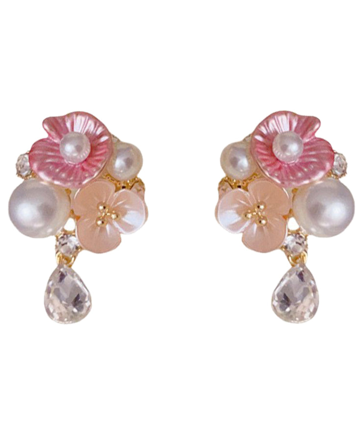 Cute Rainbow Copper Overgild Zircon Pearl Floral Water Droplet Drop Earrings