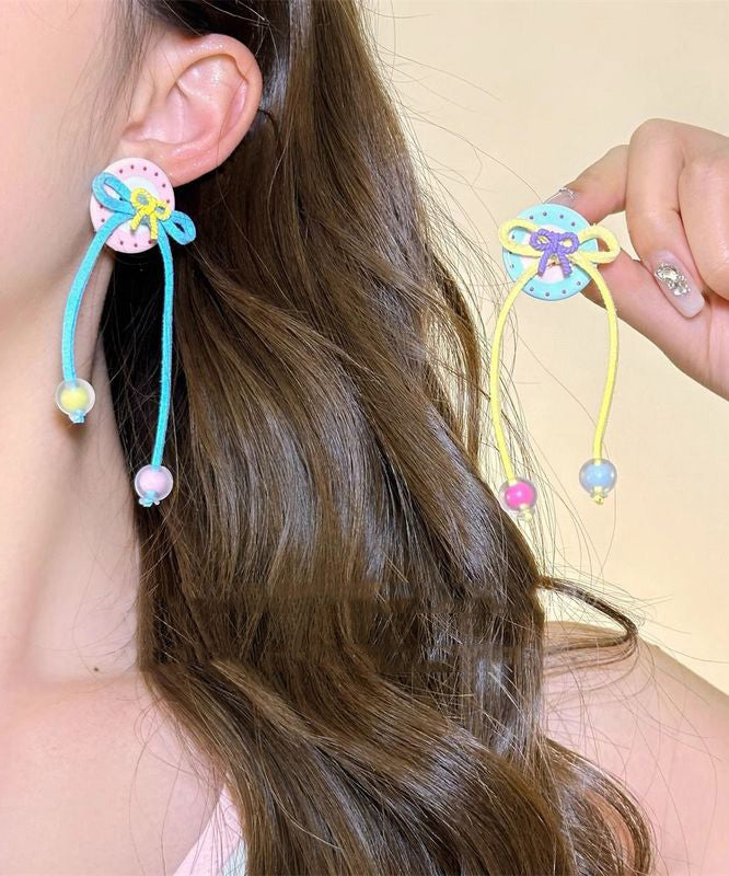 Cute Rainbow Handmade Butto Bow Tassel Drop Earrings
