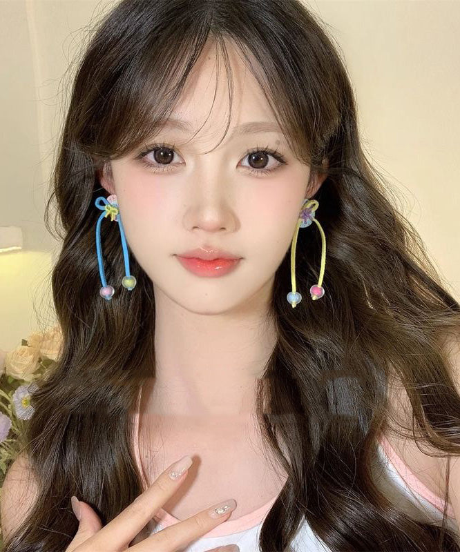 Cute Rainbow Handmade Butto Bow Tassel Drop Earrings