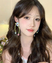 Cute Rainbow Handmade Butto Bow Tassel Drop Earrings