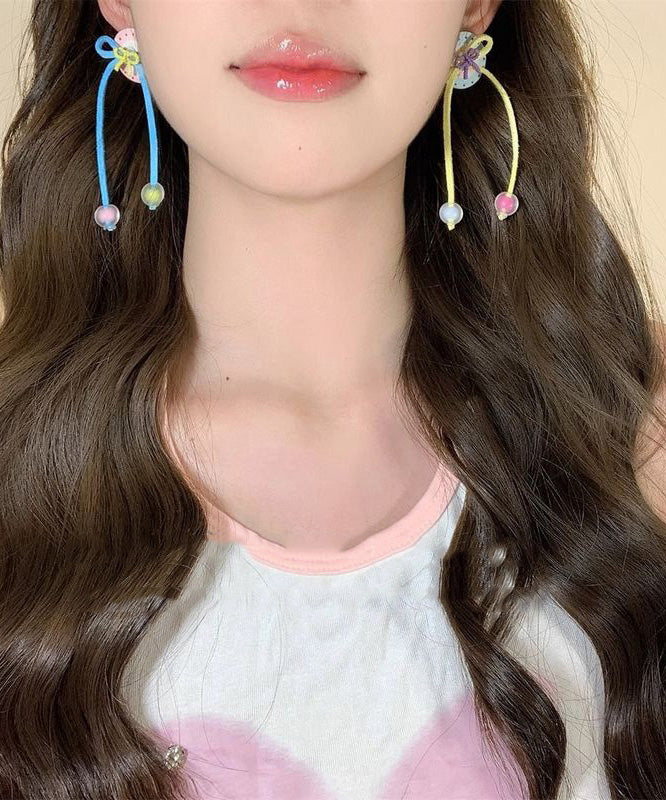 Cute Rainbow Handmade Butto Bow Tassel Drop Earrings