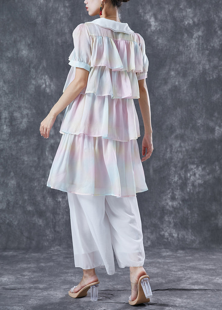 Cute Rainbow Peter Pan Collar Layered Ruffles Chiffon Dresses Summer