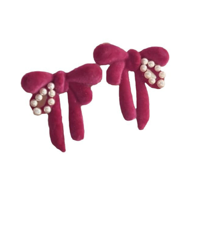 Cute Raspberry Powder Sterling Silver Flocking Pearl Bow Stud Earrings