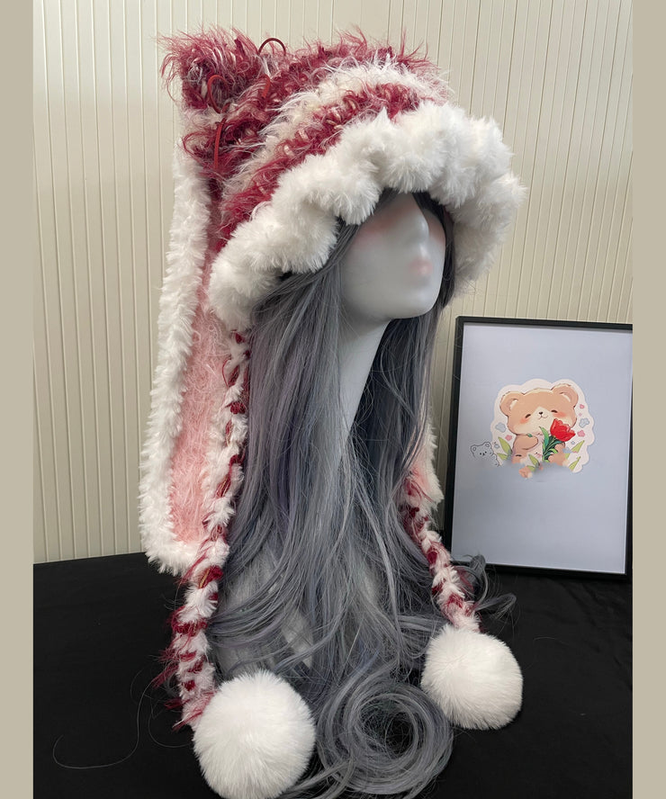 Cute Red And White Knitted Warm Fleece Boonie Hat