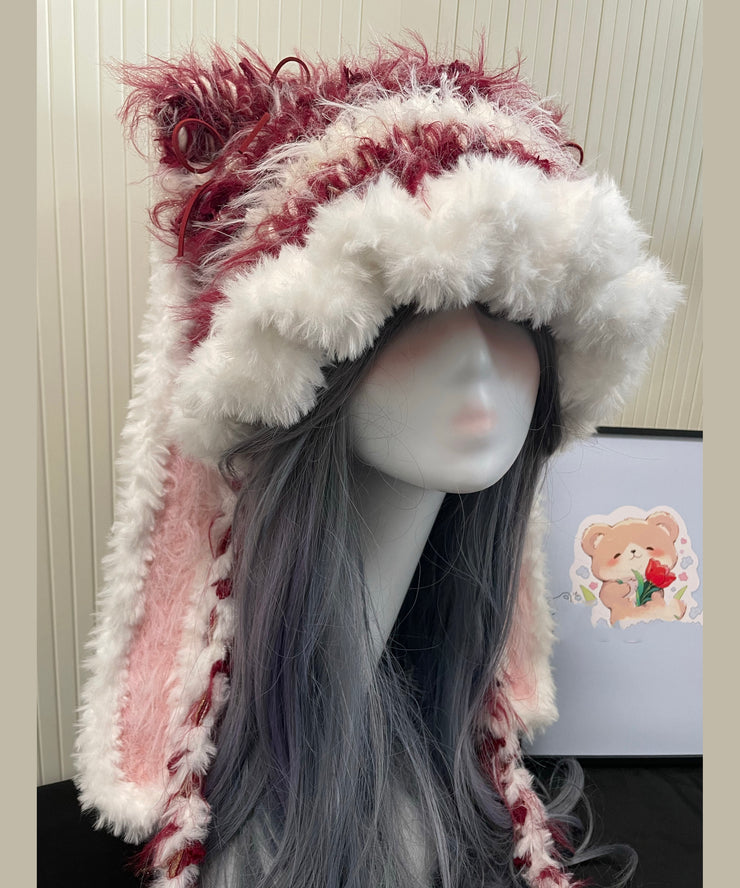 Cute Red And White Knitted Warm Fleece Boonie Hat
