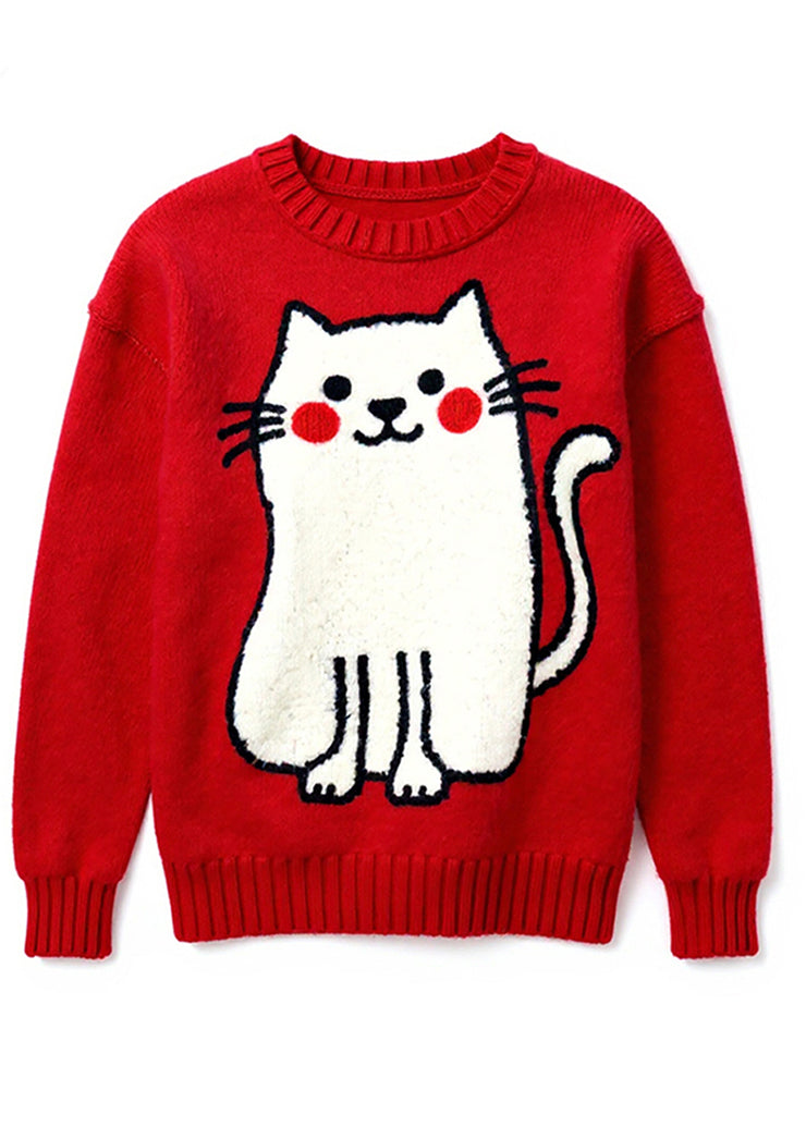 Cute Red Embroidered Cat Knit Pullover Winter