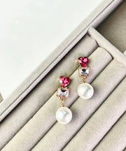 Cute Red Sterling Silver Alloy Love Crystal Zircon PearlDrop Earrings