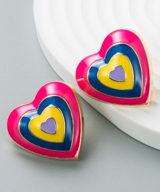 Cute Rose Alloy Drip Glaze Patchwork Love Stud Earrings