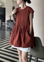Cute Terracotta Comfortable Fabric Pleated Shirt Sleeveless